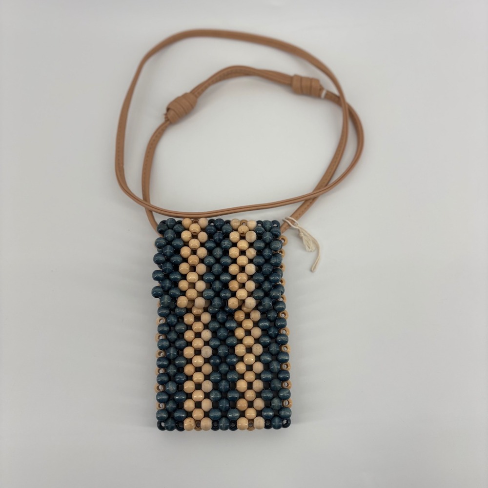 Universal‎ Thread Wood Beaded Crossbody Phone Bag Blue Tan Striped NWOT